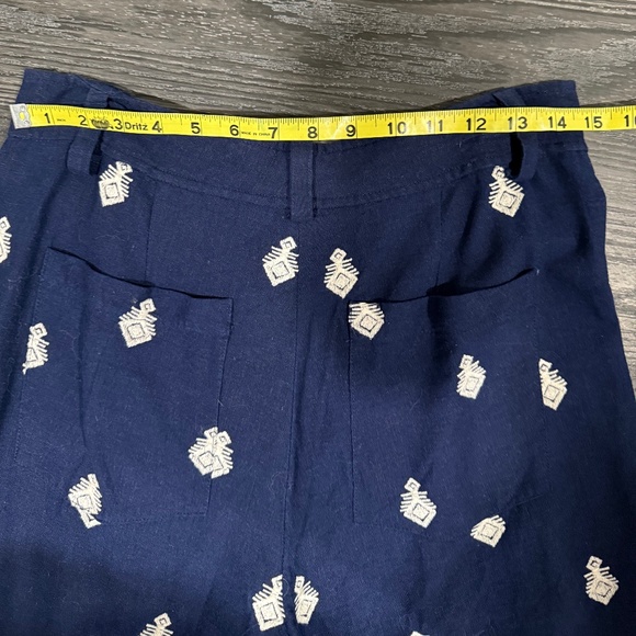 Zara Pants L Navy Blue Cream Linen Blend Embroidered Wide Leg Crop Boho Trousers - Picture 3 of 5